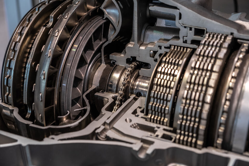 Cutaway view of automatic transmission clutch packs and planetary gears
