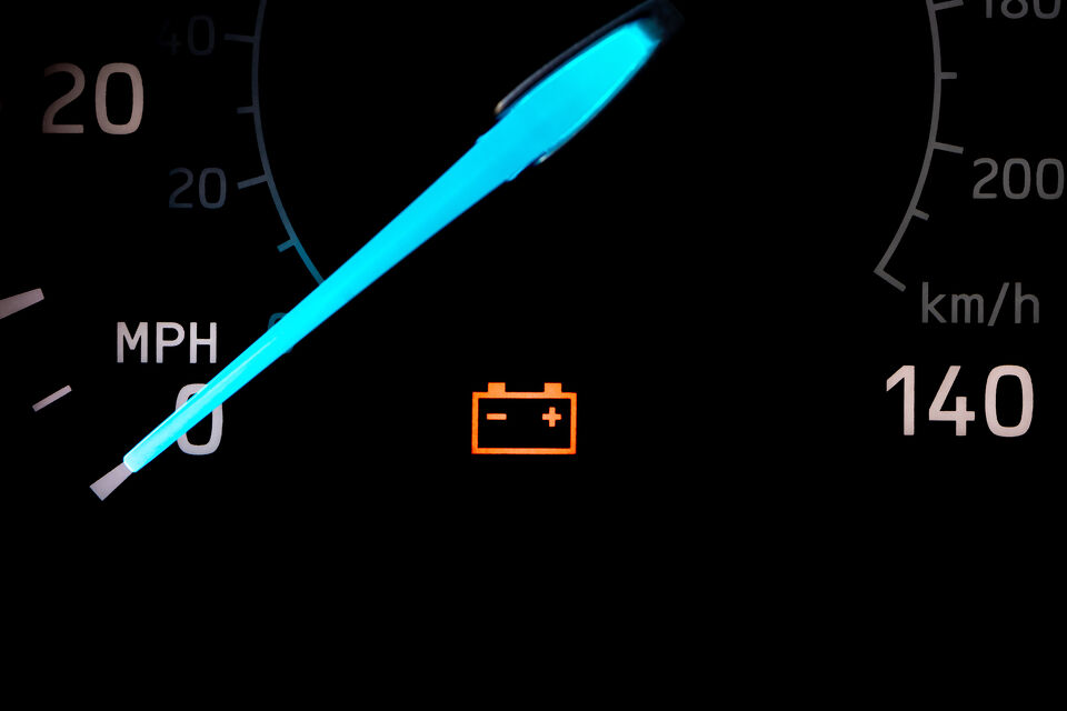 Close-up of a car dashboard showing the battery warning light illuminated